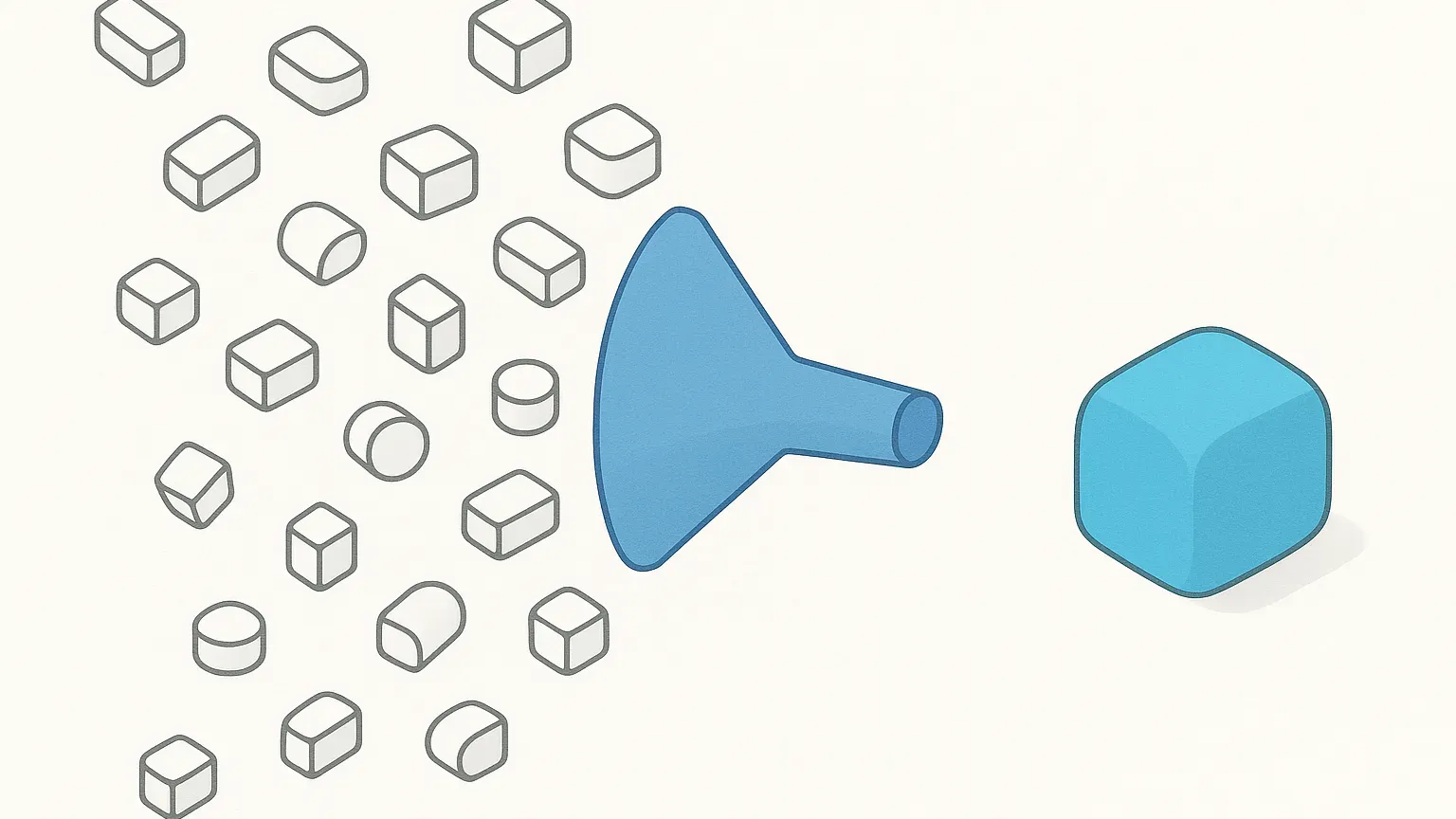 Scattered approximate shapes narrowing through a funnel into one exact match, illustrating search relevance.