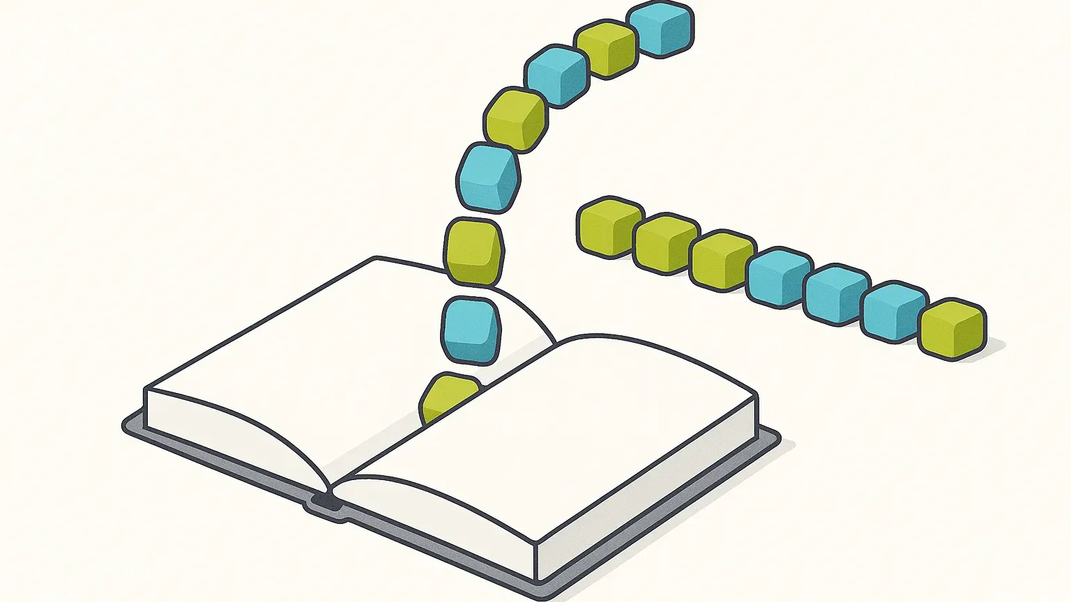 An orderly line of blocks emerging from an open book, illustrating practice drawn from business fiction.
