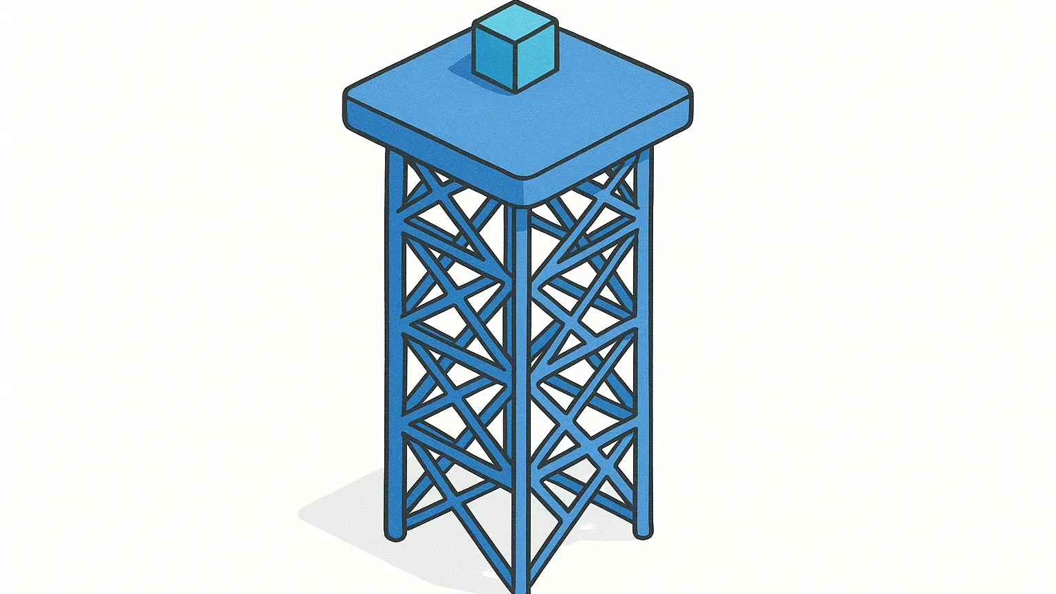 A tiny cube resting on a vast tiered support structure, illustrating orchestration heavier than its workload.