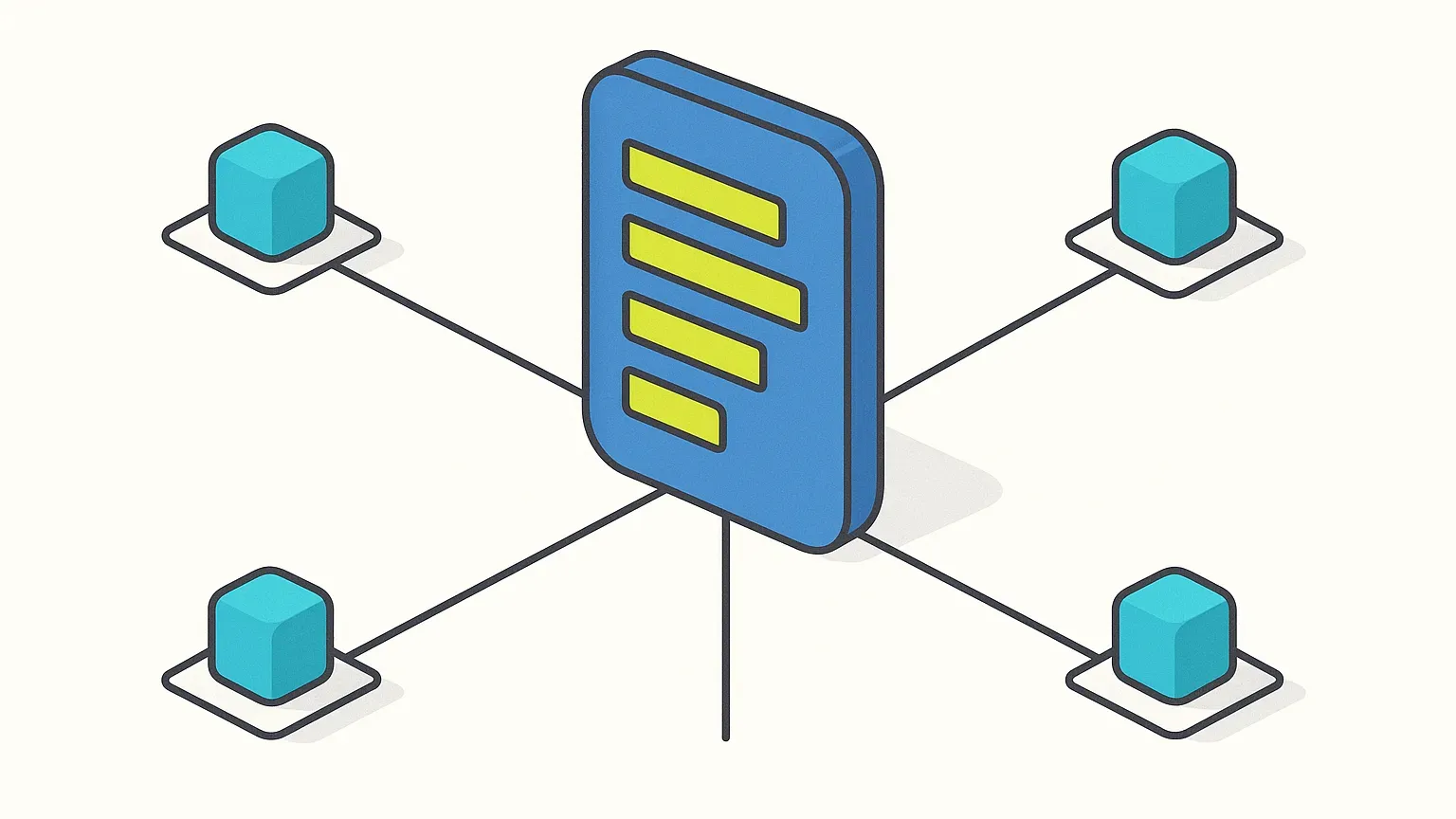 Four distant platforms linked to one central panel of bars, illustrating remote teams sharing DORA metrics.