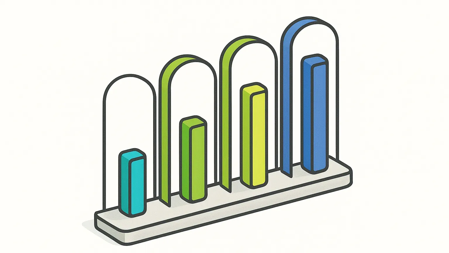 Four panels each carrying one bar of different height, illustrating the four DORA metrics read together.