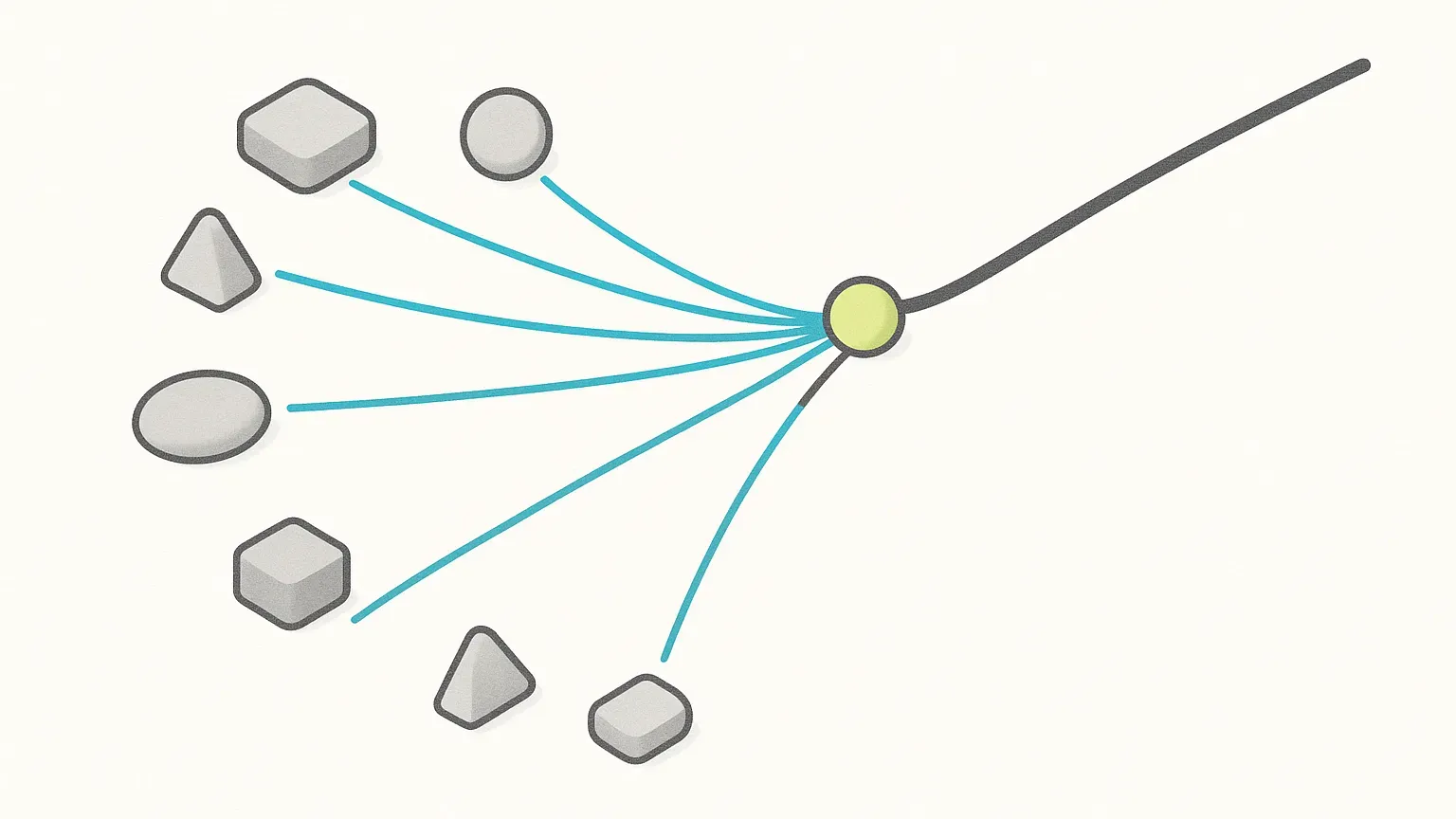 A break in a line with several equal contributing causes fanning backwards from it.