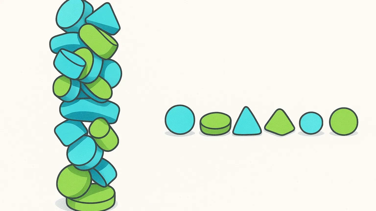 A crowded stack of shapes on one side and the same shapes evenly spaced on the other.