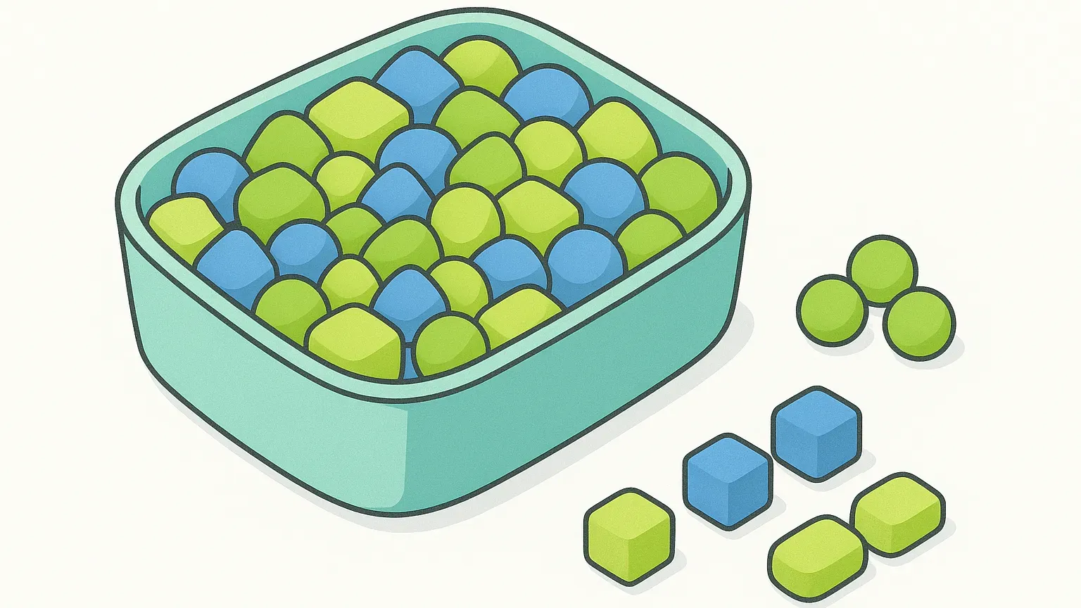 One container holding many mixed shapes, with a few beginning to sort into groups outside it.