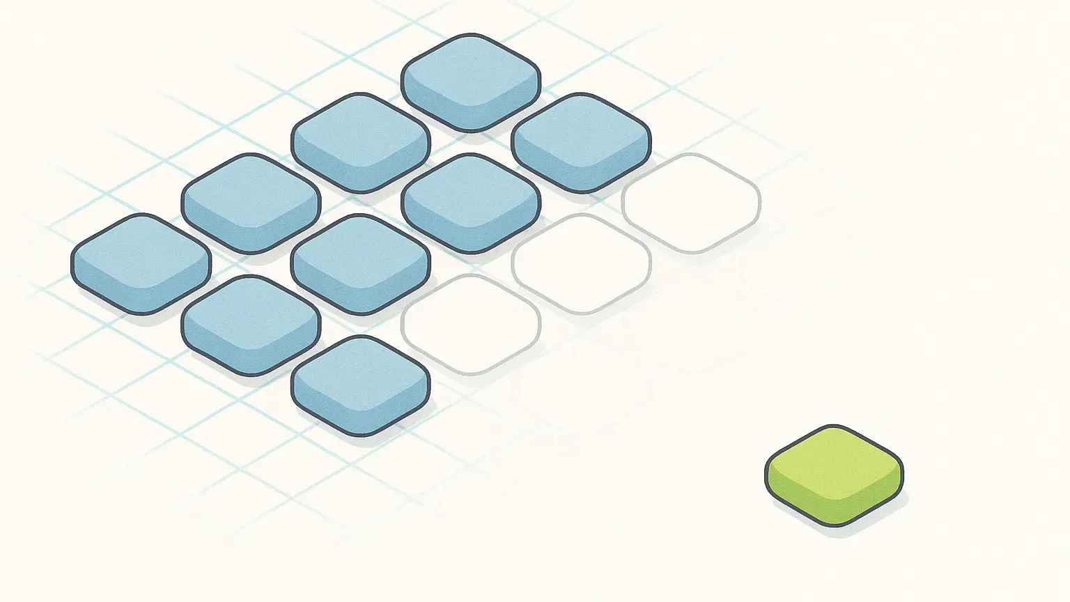 A grid of shapes fading to faint outlines beyond one small element that has come loose.