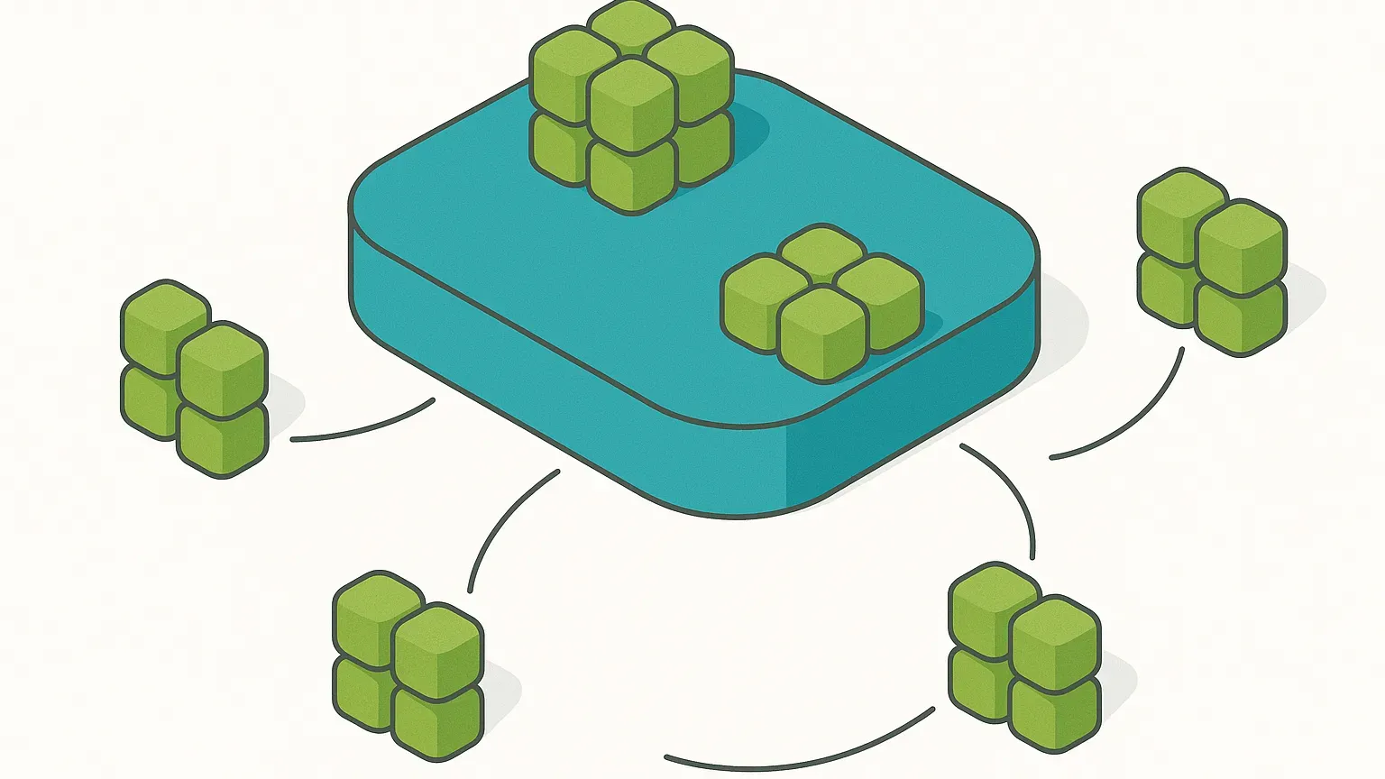 Clusters approaching a broad platform along curved paths, two already resting on it.