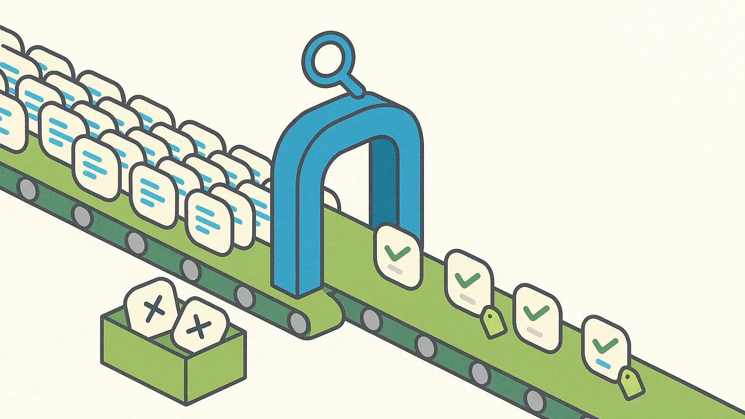 Isometric conveyor belt: many code-change cards enter an inspection gate, few come out with a check mark and a price tag, rejects land in a crate