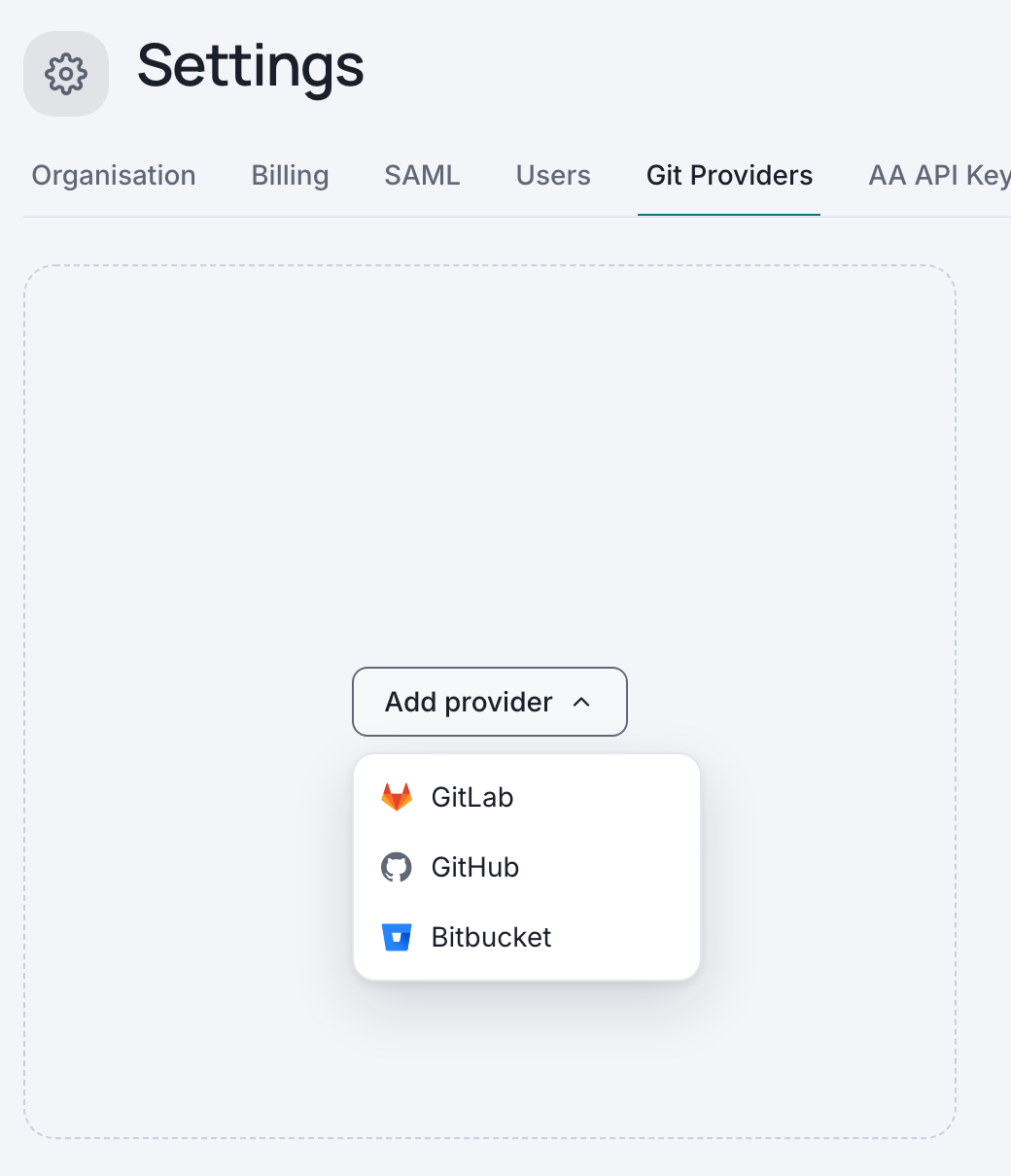 Git Providers tab with the Add provider menu open and Bitbucket listed
