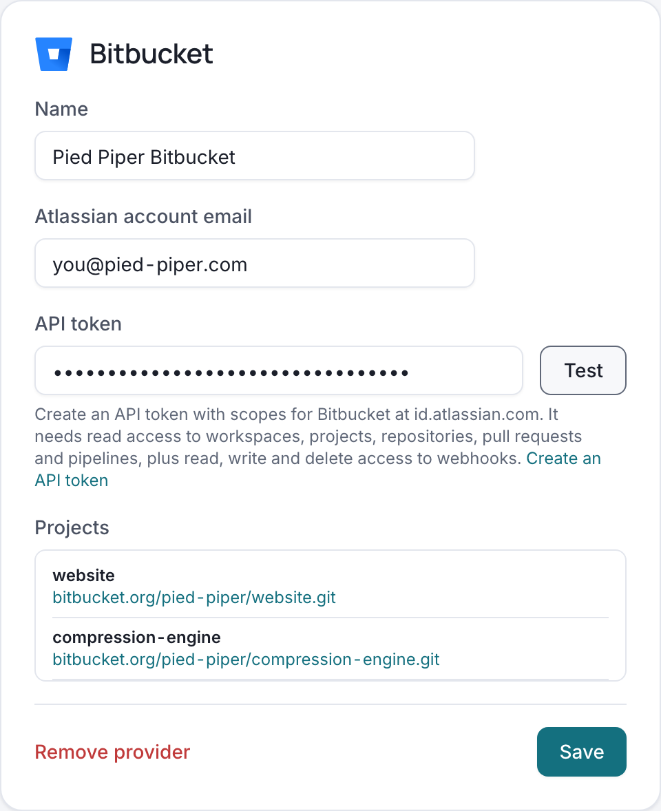 Bitbucket card with name, Atlassian account email, API token and the repositories found by Test
