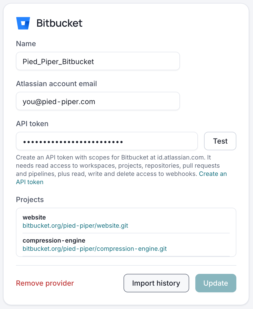 Saved Bitbucket connection with the Import history button