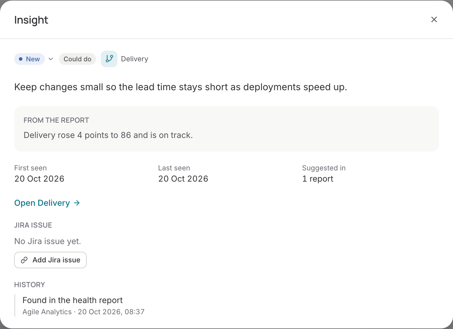 Insight detail with context, Jira issue and history